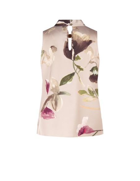 Top fluido de cetim com padrão floral, gola e botão joia Rinascimento