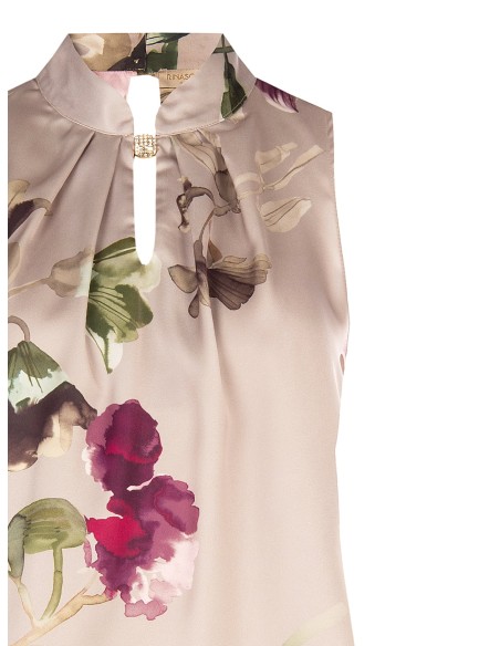 Top fluido em cetim com padrão floral, gola e botão joia Rinascimento