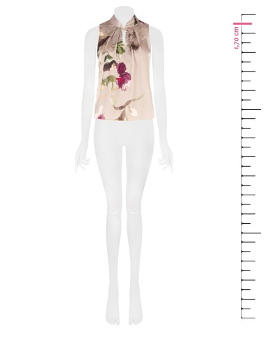 Top fluido em cetim com padrão floral, gola e botão joia Rinascimento