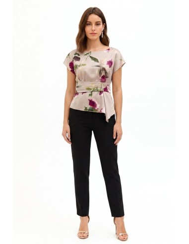 Blusa fluida de cetim com flores, decote barco e franzido na cintura Rinascimento