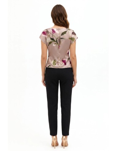 Blusa fluida em cetim com padrão floral, decote barco e franzido na cintura Rinascimento