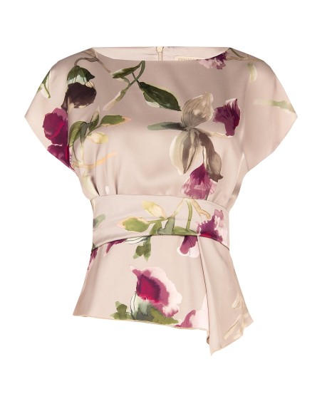 Blusa fluida em cetim floral com decote barco e franzido na cintura Rinascimento