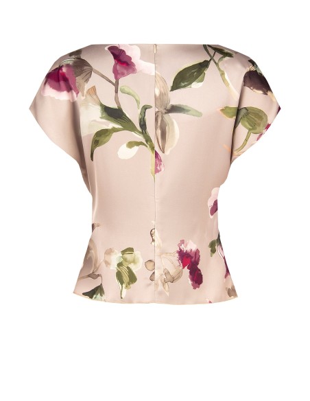 Blusa fluida de cetim floral com decote barco e franzido na cintura Rinascimento