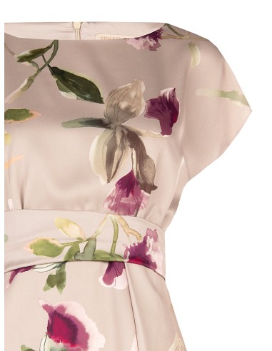 Blusa fluida de cetim com flores, decote barco e franzido na cintura Rinascimento