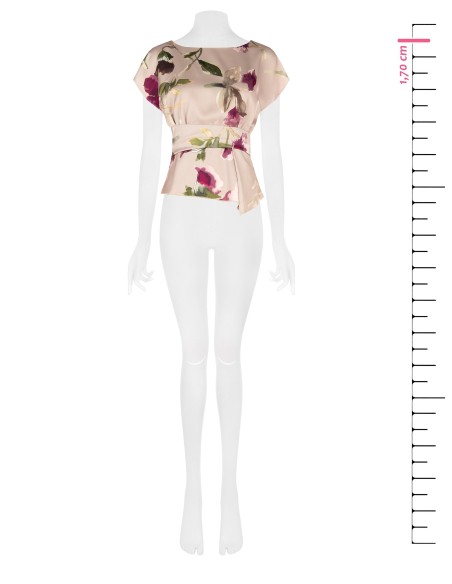 Blusa fluida de cetim com flores, decote barco e franzido na cintura Rinascimento