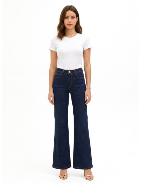 Jeans Wide Leg Elásticos Lavagem Zero Rinascimento