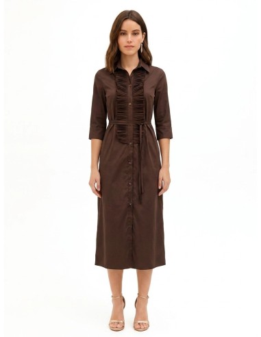 Vestido comprido tipo camisa em mistura de algodão, com folhos e cinto comprido fino a condizer, Rinascimento