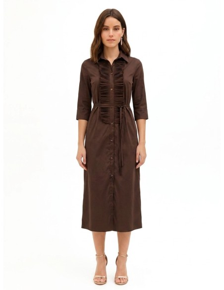 Vestido comprido tipo camisa em mistura de algodão, com folhos e cinto comprido fino a condizer, Rinascimento