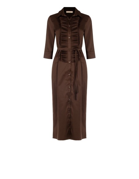Vestido comprido tipo chemise em mistura de algodão, com folhos e cinto comprido e fino a condizer Rinascimento