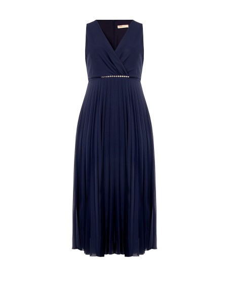 Vestido Comprido Curvy em Georgette Plissado com Cristais na Cintura e Decote Cruzado Rinascimento Curvy