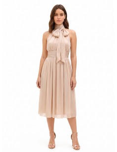 Vestido midi em cetim laminado com laço e elástico na cintura Rinascimento