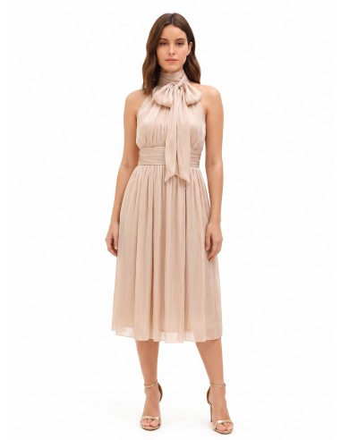 Vestido midi em cetim laminado com laço e elástico na cintura Rinascimento