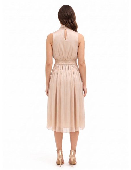 Vestido midi em cetim laminado com laço e elástico na cintura Rinascimento