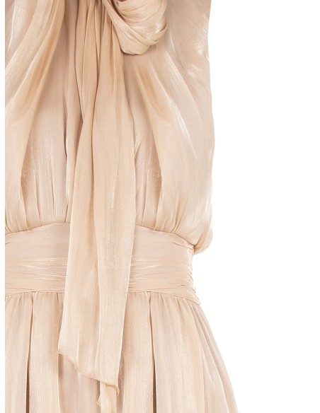 Vestido midi em cetim laminado com laço e elástico na cintura Rinascimento