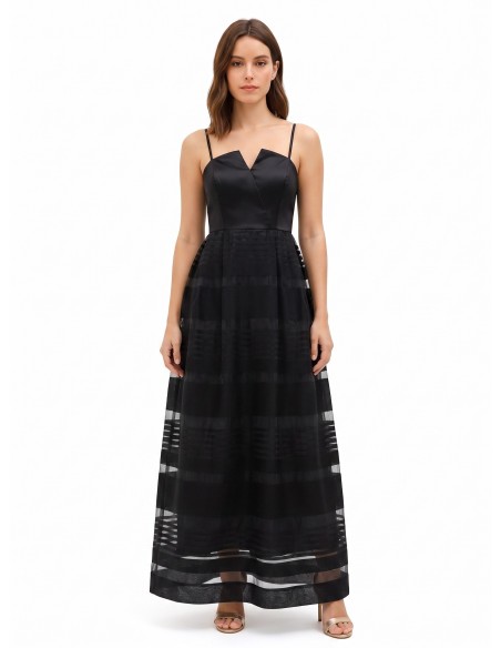 Vestido comprido balão em tule às riscas transparentes e com top em cetim Rinascimento