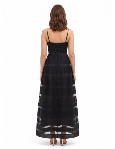 Vestido Comprido de Corte Balão em Tule com Riscas Transparentes e Topo em Cetim Rinascimento