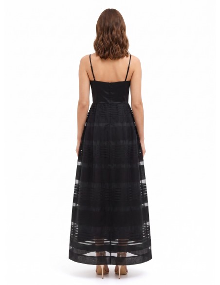 Vestido Comprido de Corte Balão em Tule com Riscas Transparentes e Topo em Cetim Rinascimento
