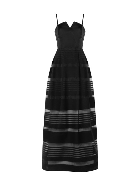 Vestido comprido de corte balão em tule com riscas transparentes e top em cetim Rinascimento