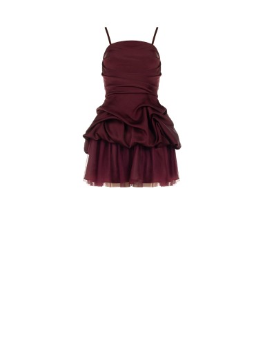 Vestido curto balão com folhos, em cetim, com fundo em tule Rinascimento