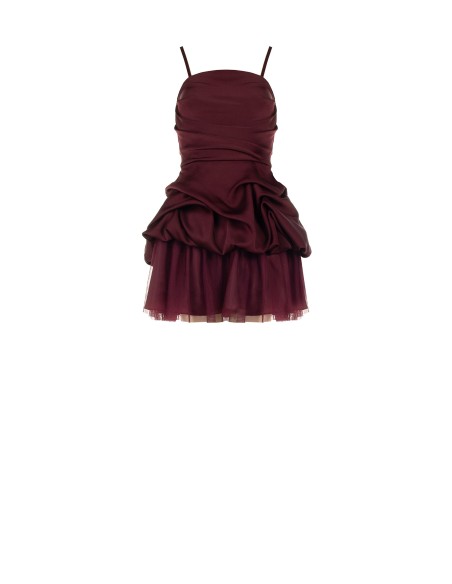 Vestido curto balão com folhos, em cetim, com fundo em tule Rinascimento