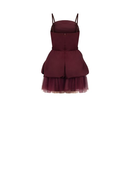 Vestido curto balão com folhos em cetim e parte inferior em tule Rinascimento