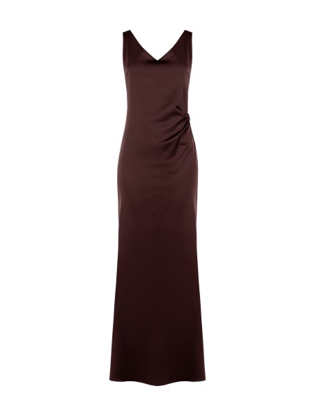 Vestido comprido em cetim estruturado, decotado e franzido atrás, Rinascimento