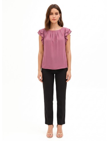 Blusa fluida em cetim mate com mangas com folhos Rinascimento