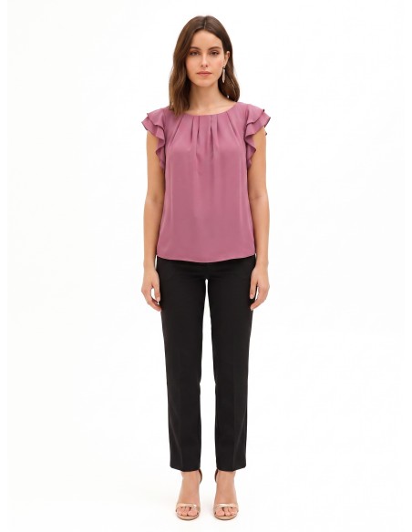 Blusa fluida em cetim mate com mangas com folhos Rinascimento