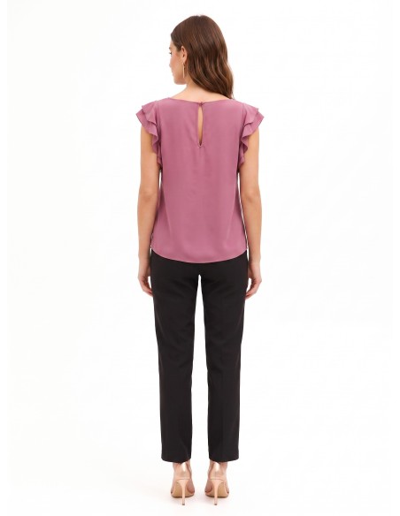 Blusa fluida em cetim mate com mangas com folhos Rinascimento