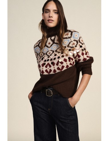 Camisola de gola redonda em jacquard com aplicações metálicas Dixie