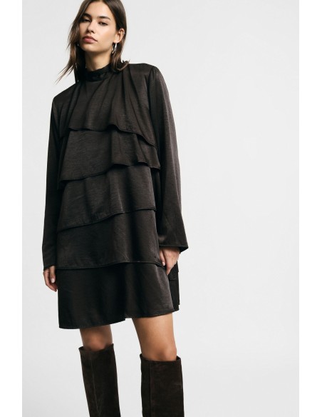 Vestido curto com mangas compridas e folhos Please