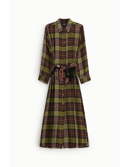 Vestido Comprido aos Quadrados com Cinto de Lenço Dixie