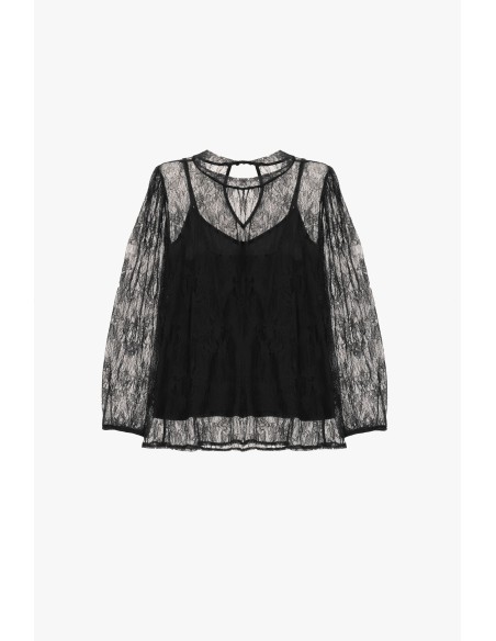 Top de manga comprida em renda transparente Dixie