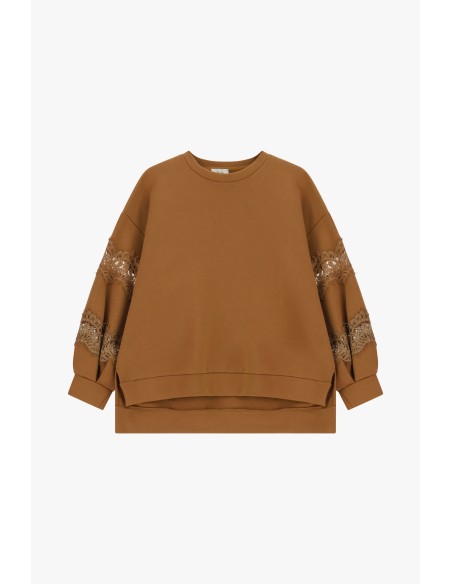 Sweatshirt Largo Com Aplicações De Renda Nas Mangas Dixie