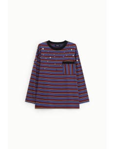 T-Shirt às Riscas com Detalhes de Joias e Bolso de Peito Dixie