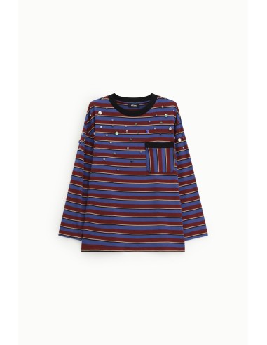 T-Shirt às Riscas com Detalhes de Joias e Bolso de Peito Dixie