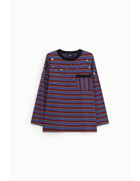 T-Shirt às Riscas com Detalhes de Joias e Bolso de Peito Dixie