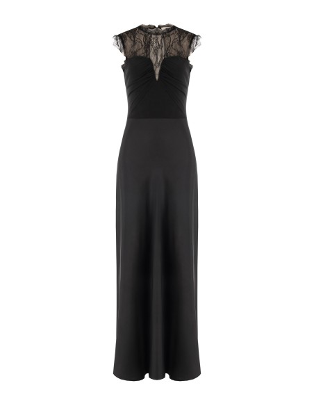Vestido comprido em cetim com inserção em renda Chantilly Rinascimento
