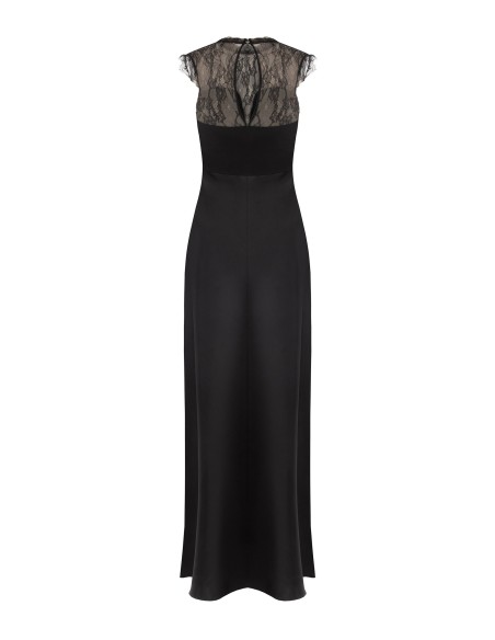 Vestido comprido em cetim com aplicação de renda Chantilly Rinascimento