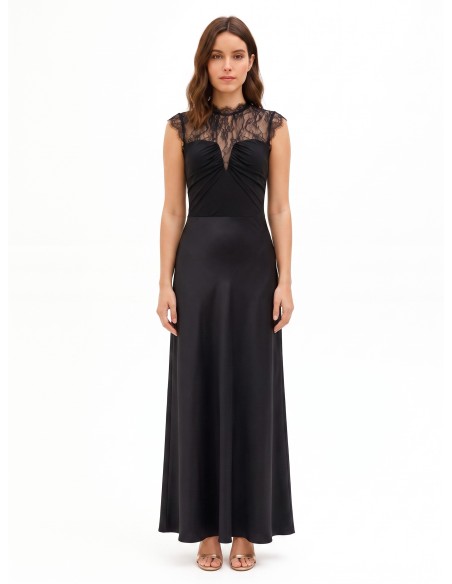 Vestido comprido em cetim com inserção de renda Chantilly Rinascimento