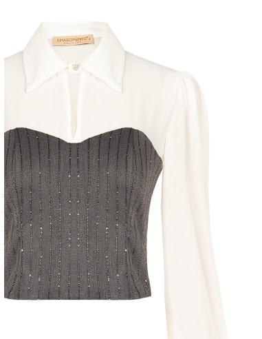 Top efeito 2 em 1 com camisa de georgette e corpete às riscas com lantejoulas Rinascimento