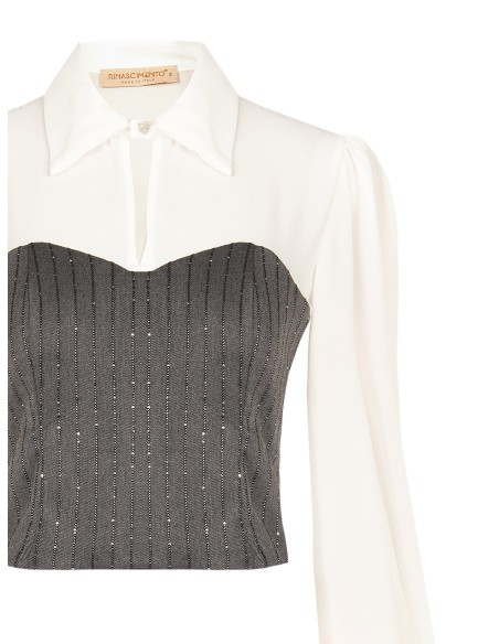 Top efeito 2 em 1 com camisa de georgette e corpete às riscas com lantejoulas Rinascimento