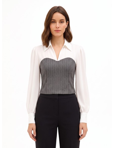 Top efeito 2 em 1 com camisa de georgette e corpete às riscas com lantejoulas Rinascimento