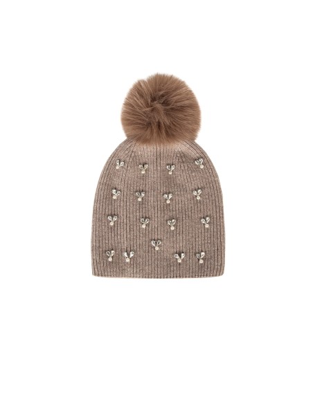 Gorro em mistura de viscose e lã com cristais cabochão e pompom em pelo sintético Rinascimento