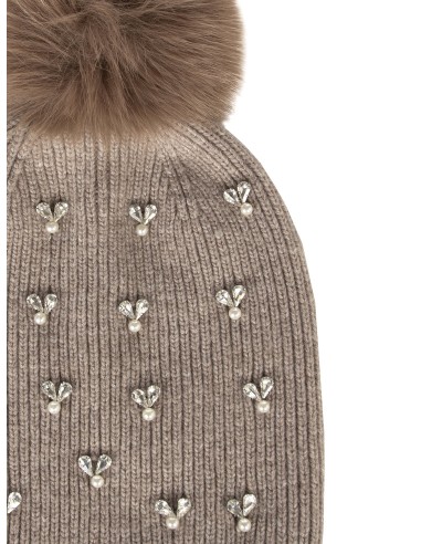 Gorro em mistura de viscose e lã com cristais cabochon e pompom de pelo sintético Rinascimento