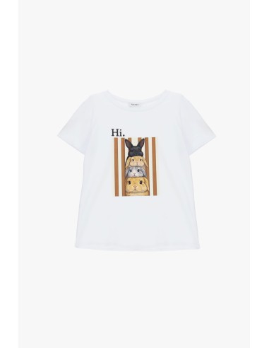T-shirt de gola redonda com estampa frontal de coelhos Please