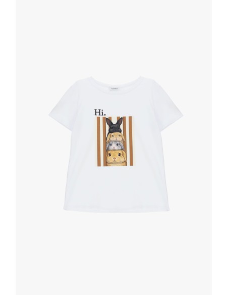 T-shirt de gola redonda com estampa frontal de coelhos Please