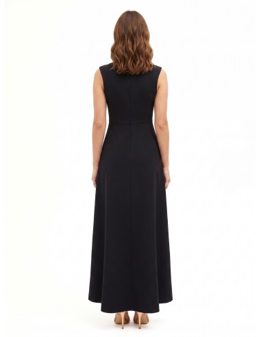 Vestido comprido em crepe scuba com inserção central plissada em georgette e decote em V Rinascimento