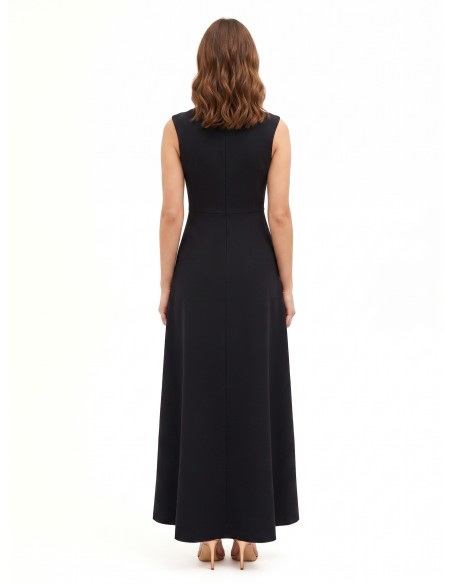 Vestido comprido em crepe scuba com inserção central plissada em georgette e decote em V Rinascimento
