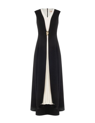 Vestido comprido de crepe scuba com painel central plissado em georgette e decote em V Rinascimento